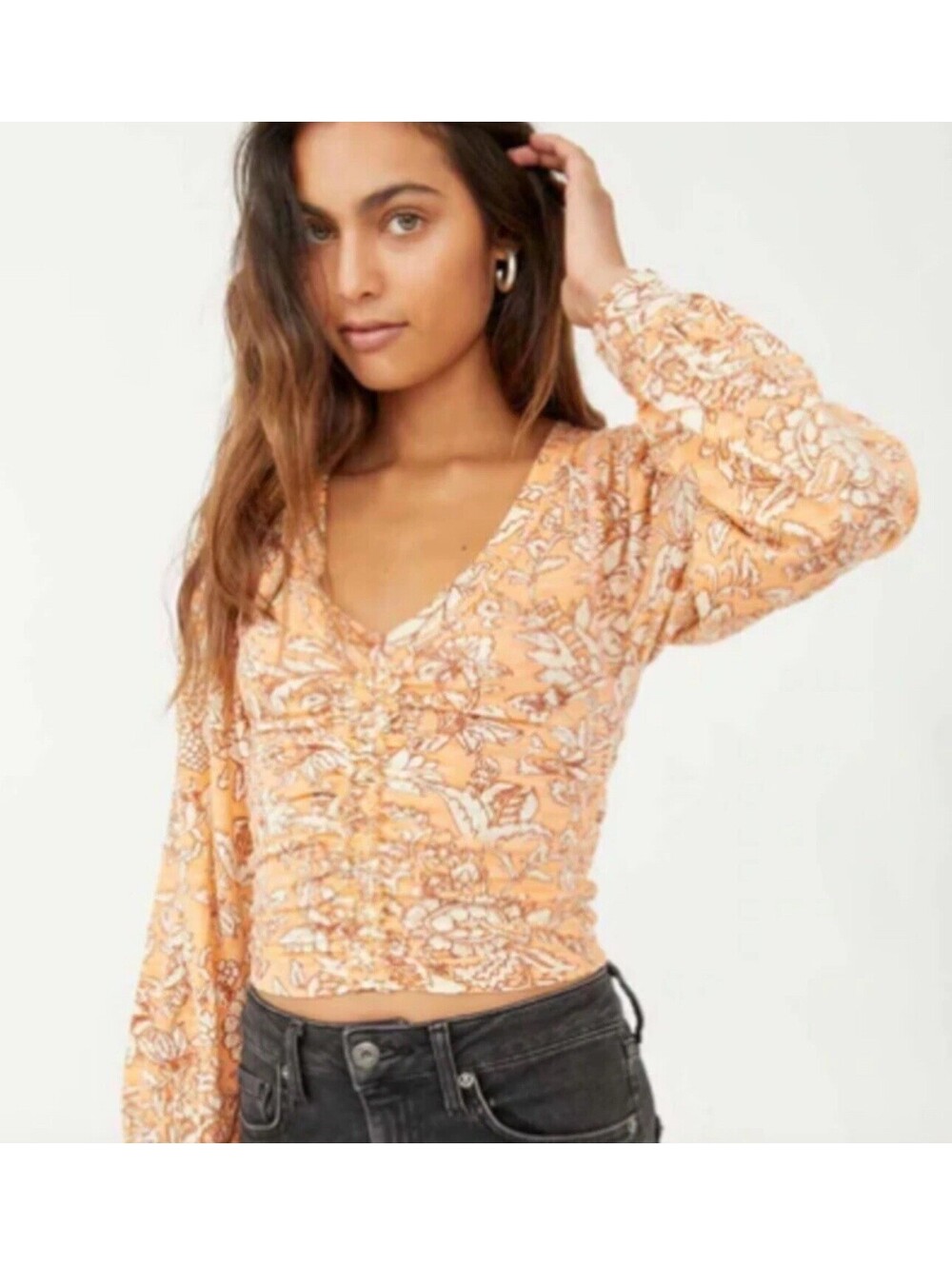 Free People Say The Word Blood Orange Deep V-Neck Crop Top Size Small